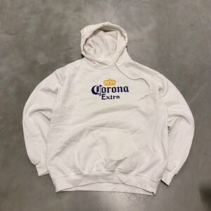 Corona Extra Mens White Graphic Hoodie Find Your Beach Beer Logo Sweatshirt